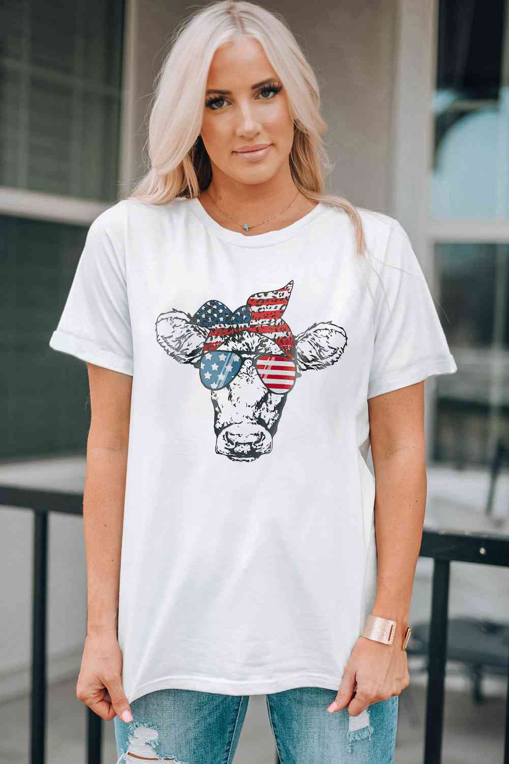 T shirt manches courtes avec motif vache et drapeau am ricain