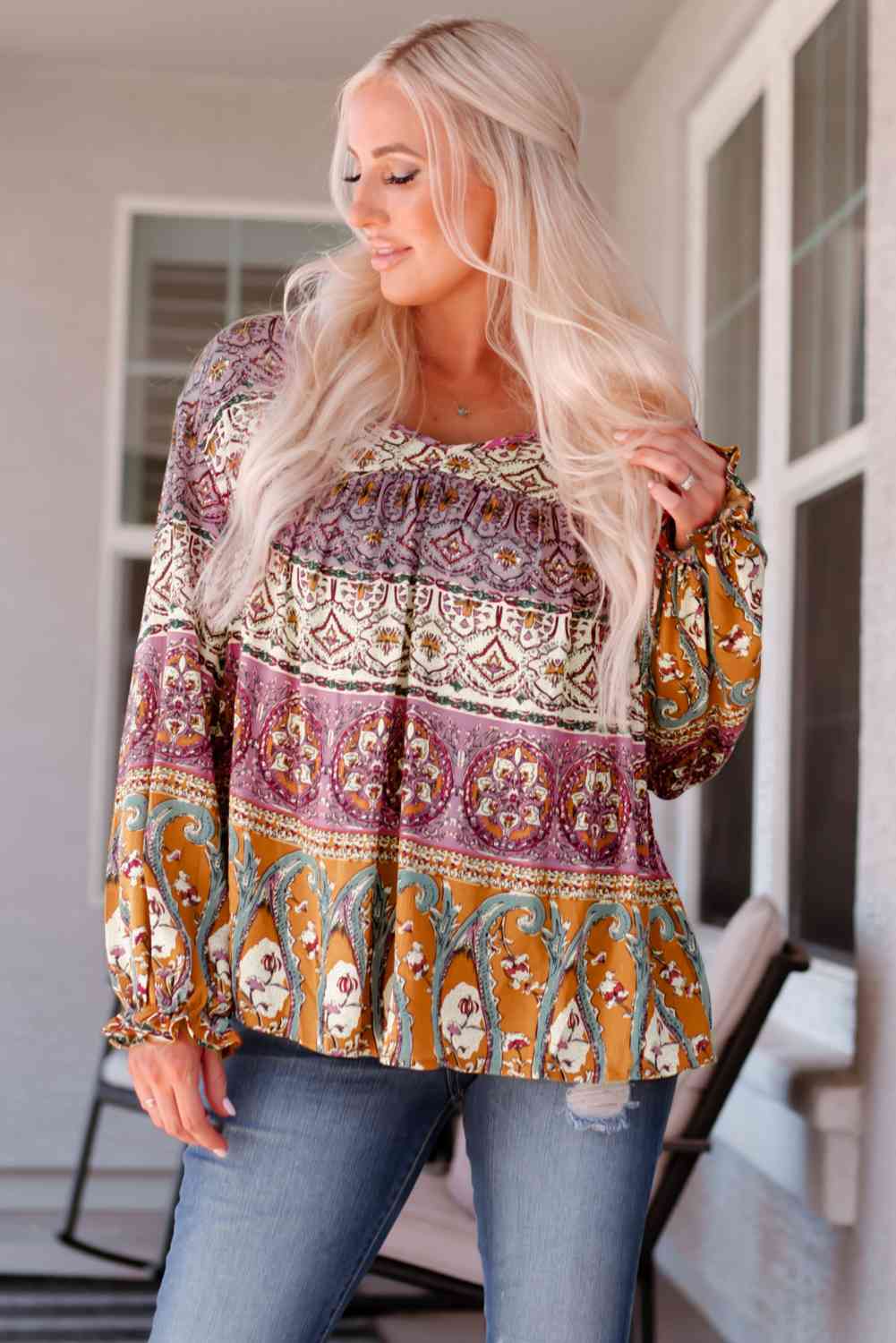 Blusa bohemia con cuello en V y manga larga con volantes Glam Wave