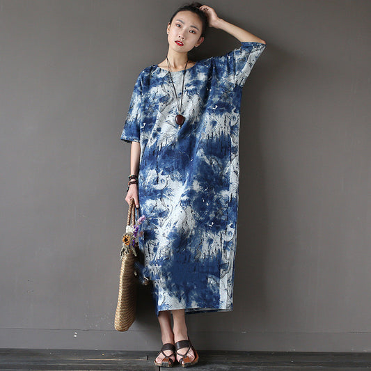 Women's Ink Tie-dyed Cotton And Linen Retro Ethnic Style Loose Dress