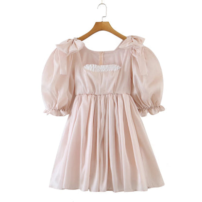 Summer Two Color Bow Puff Sleeve Babydoll Dress Solid Color Princess