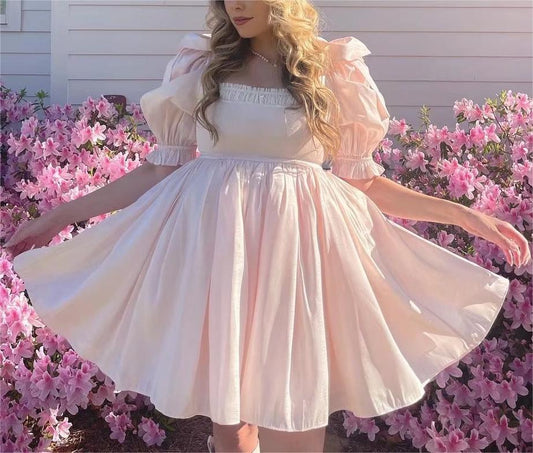 Summer Two Color Bow Puff Sleeve Babydoll Dress Solid Color Princess