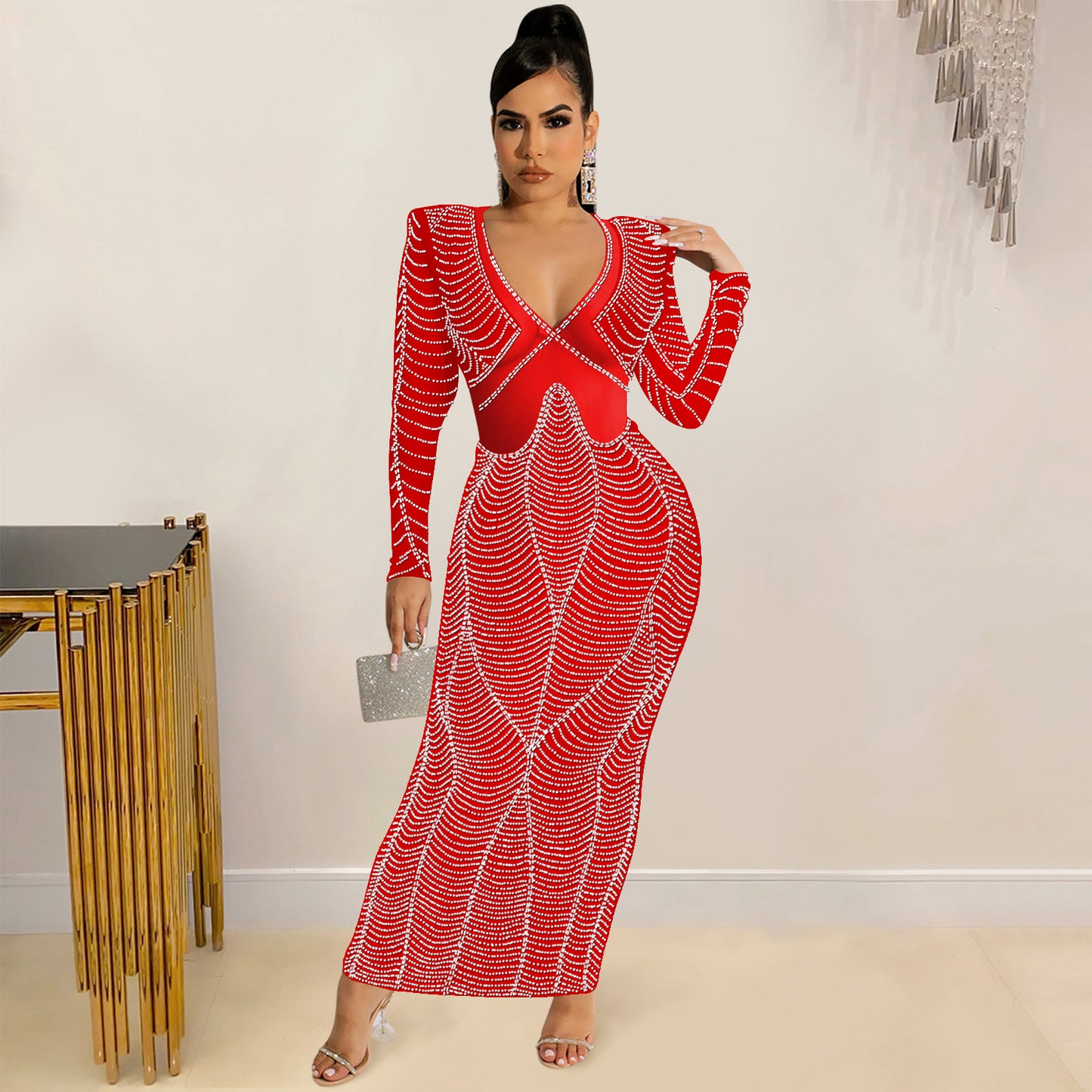 Sexy Nightclub Rhinestone Mesh See through V neck Long Sleeve Dress Women