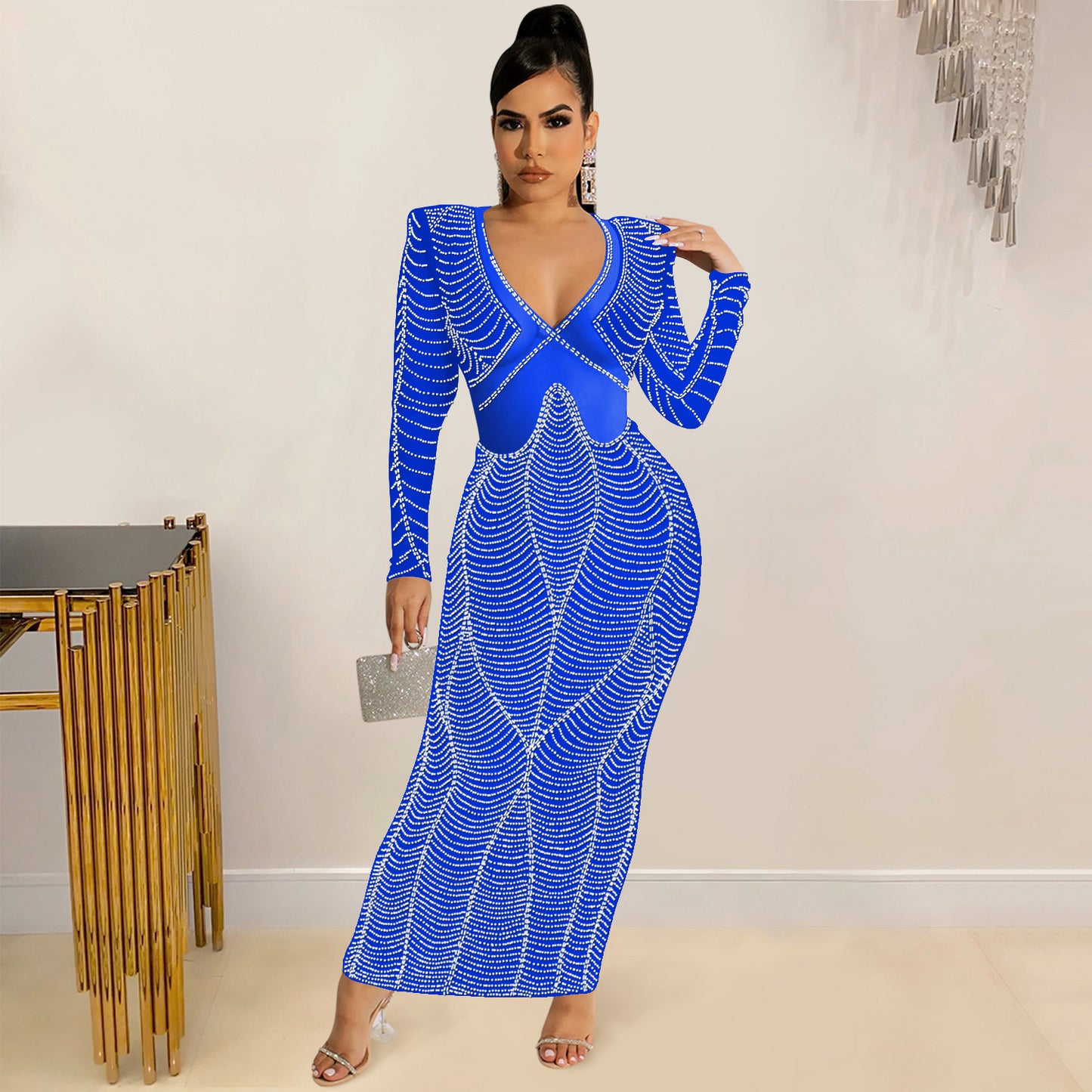 Sexy Nightclub Rhinestone Mesh See through V neck Long Sleeve Dress Women