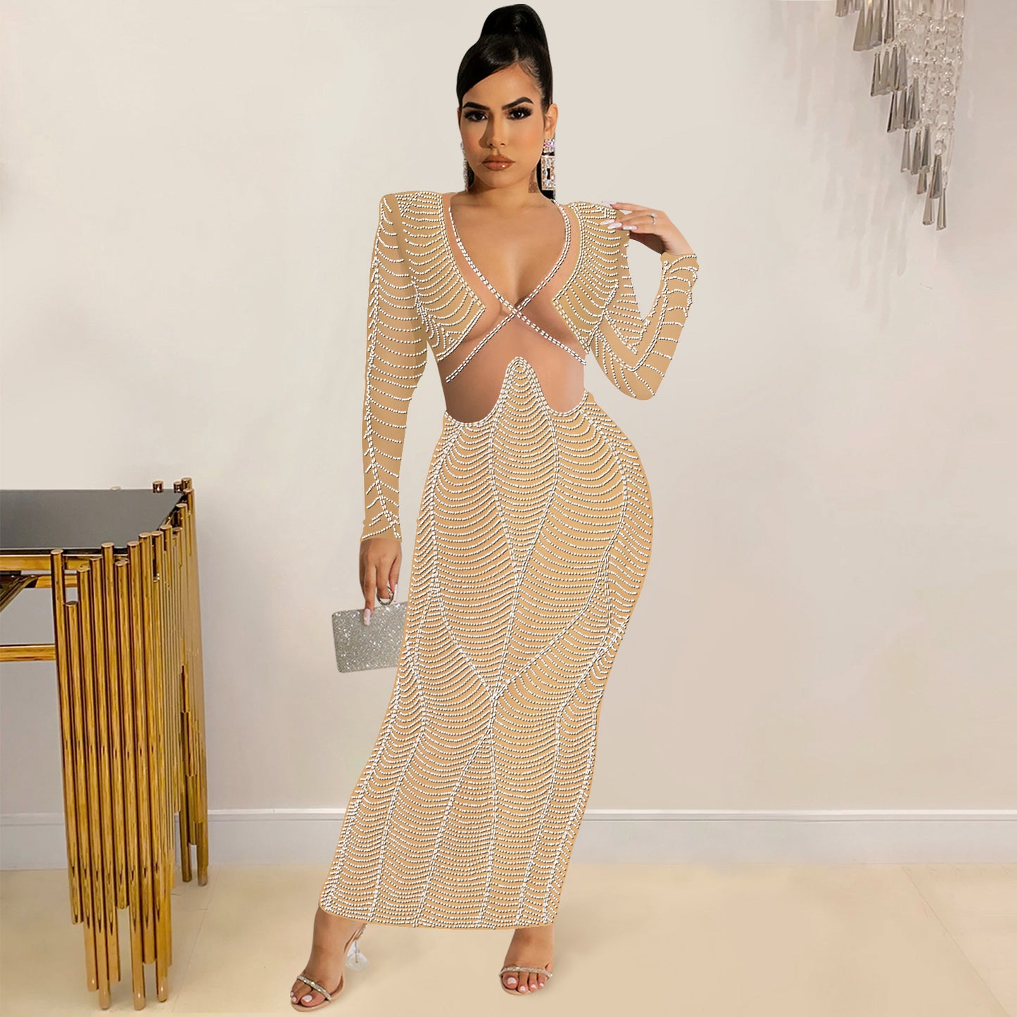 Sexy Nightclub Rhinestone Mesh See through V neck Long Sleeve Dress Women