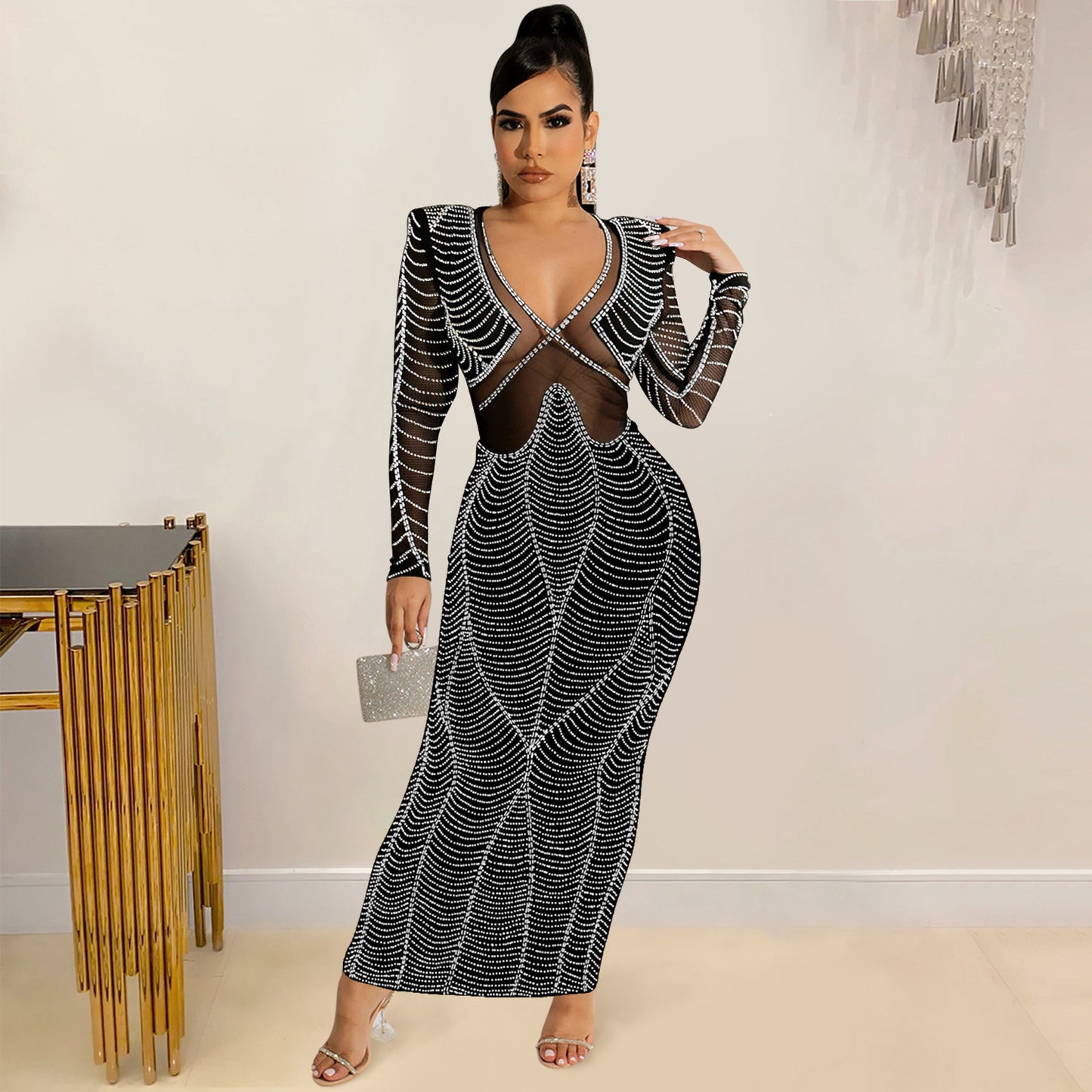 Sexy Nightclub Rhinestone Mesh See through V neck Long Sleeve Dress Women