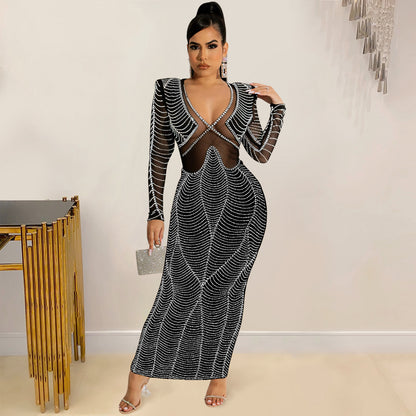 Sexy Nightclub Rhinestone Mesh See through V neck Long Sleeve Dress Women