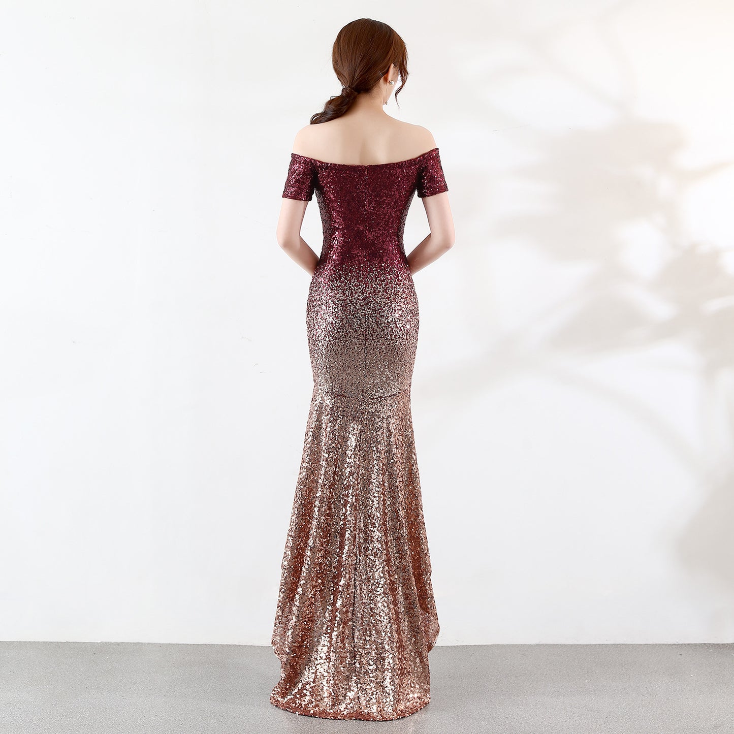 Short Sleeve off-the Shoulder Gown See through L Gradient Beaded Dress Wedding Cocktail Party Dress