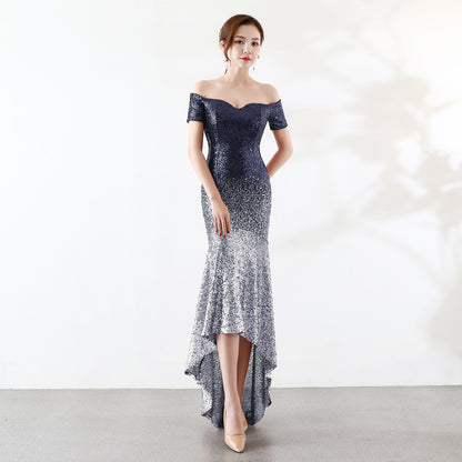 Short Sleeve off-the Shoulder Gown See through L Gradient Beaded Dress Wedding Cocktail Party Dress