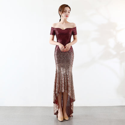 Short Sleeve off-the Shoulder Gown See through L Gradient Beaded Dress Wedding Cocktail Party Dress