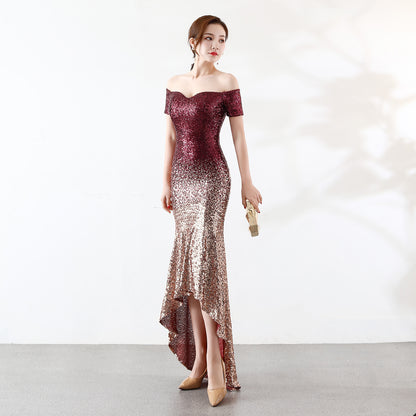 Short Sleeve off-the Shoulder Gown See through L Gradient Beaded Dress Wedding Cocktail Party Dress