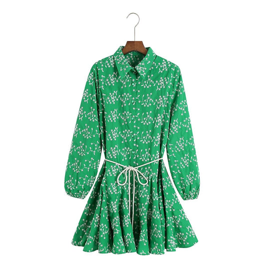 Spring Women Green Printed Mini LongSleeved Dress