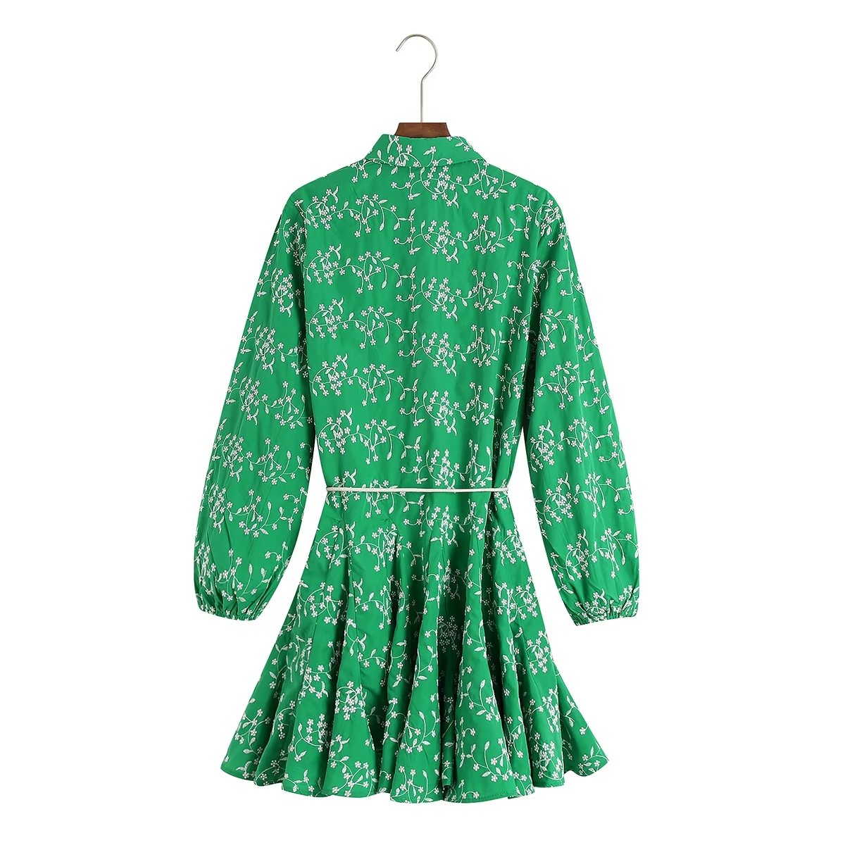 Spring Women Green Printed Mini LongSleeved Dress