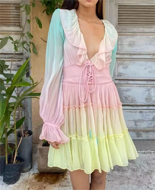 Autumn Blogger Rainbow Gradient Positioning Ruffled Collar Flare Sleeve Tie Neck Princess Dress