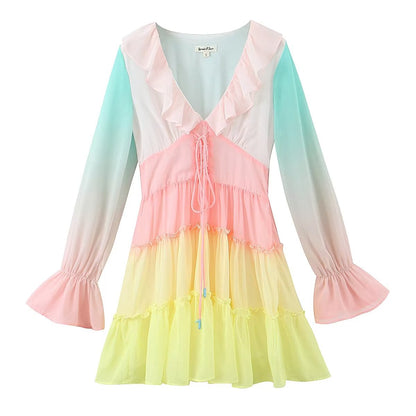 Autumn Blogger Rainbow Gradient Positioning Ruffled Collar Flare Sleeve Tie Neck Princess Dress