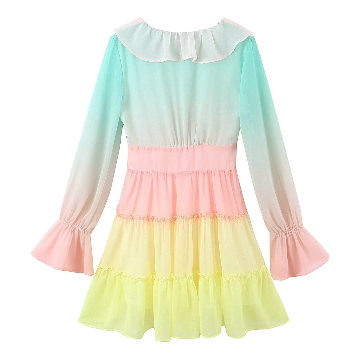 Autumn Blogger Rainbow Gradient Positioning Ruffled Collar Flare Sleeve Tie Neck Princess Dress