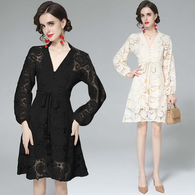 Women Palace Heavy Industry Crochet Hollow Water Soluble Lace V Neck Two Piece Dress