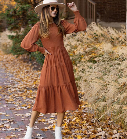 Robe froncée à manches lanternes et col rond pour femme, vêtement rétro français pour l'automne et l'hiver