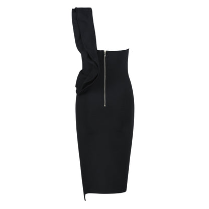 New Oblique Shoulder Bandage Dress Small Dress Solid Color Three-Dimensional Decoration Sexy Dress Evening Dress