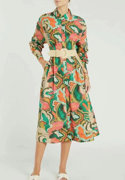 Women Spring Fall Elegant Office Collared Printed Daily A Line Shirt Dress Midi Dress