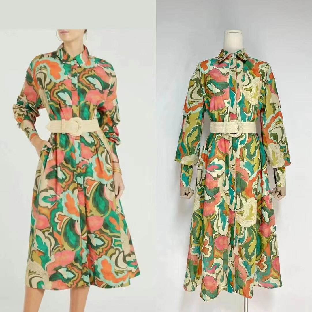 Women Spring Fall Elegant Office Collared Printed Daily A Line Shirt Dress Midi Dress