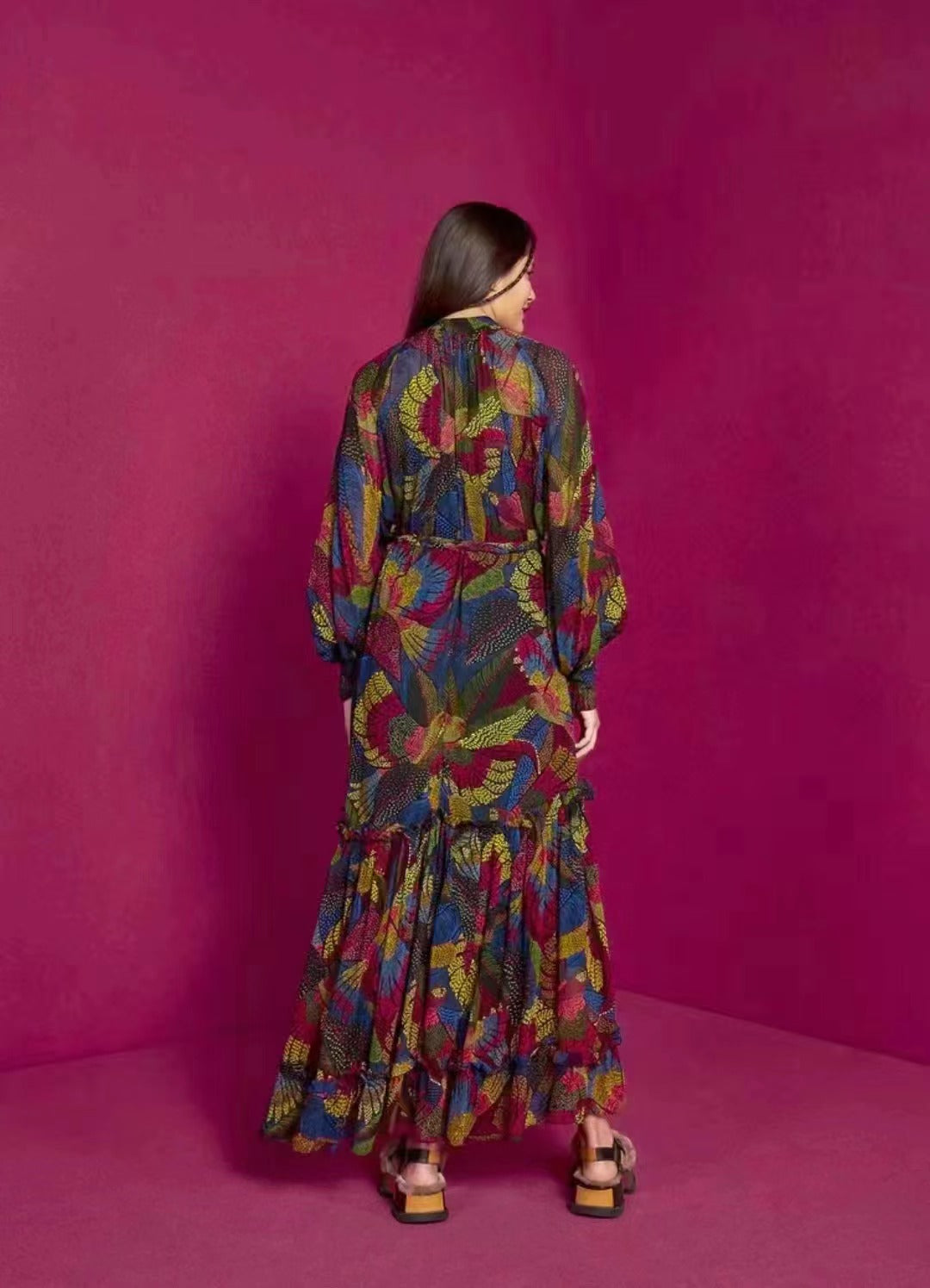 Vestido largo con capas y cuello alto estampado para mujer, elegante, de uso diario, de corte A, para primavera y otoño