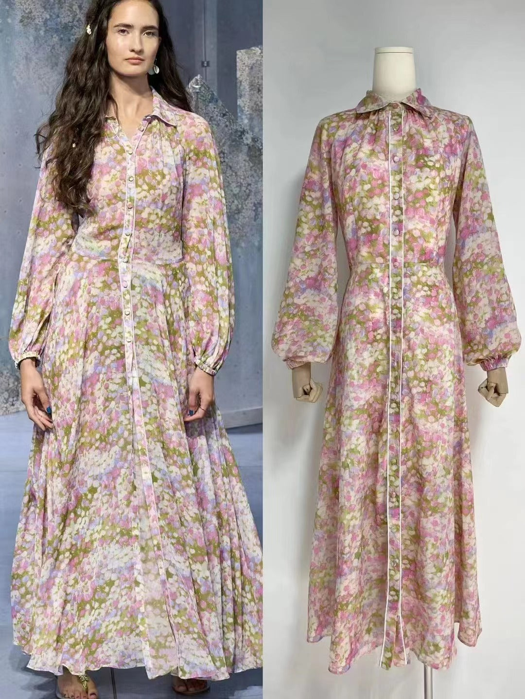 Women Spring Fall Collared Printed Long Sleeve Bohomian Elegant A Line Dress Shirt Dress Maxi Dress