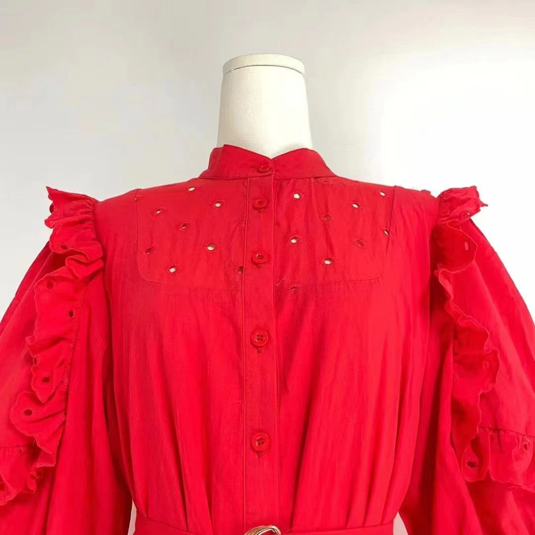 Women Spring Summer Fall Stand Collar Ruffle Belted Embroidery A Line Dress Shirt Dress