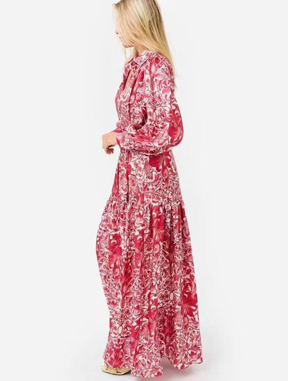 Women Spring Fall Daily Printed Elegant Collared A Line Shirt Maxi Dress