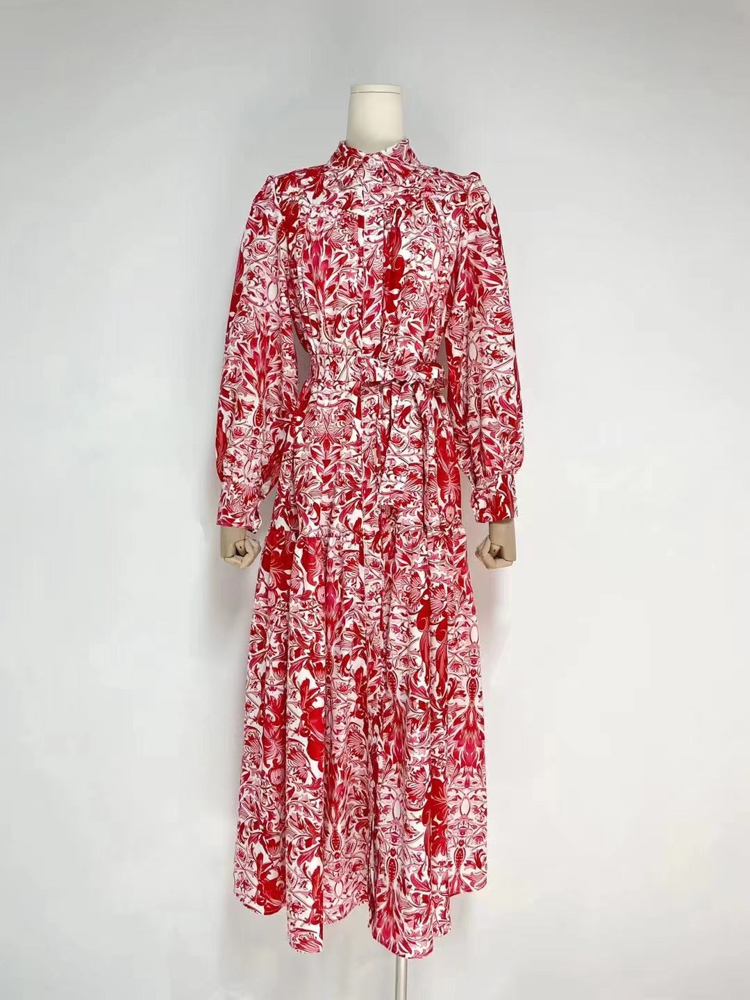 Women Spring Fall Daily Printed Elegant Collared A Line Shirt Maxi Dress