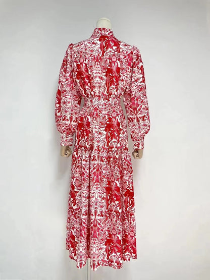 Women Spring Fall Daily Printed Elegant Collared A Line Shirt Maxi Dress