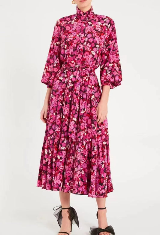 Vestido largo elegante con volantes y escote alto con estampado para mujer, primavera, verano y otoño