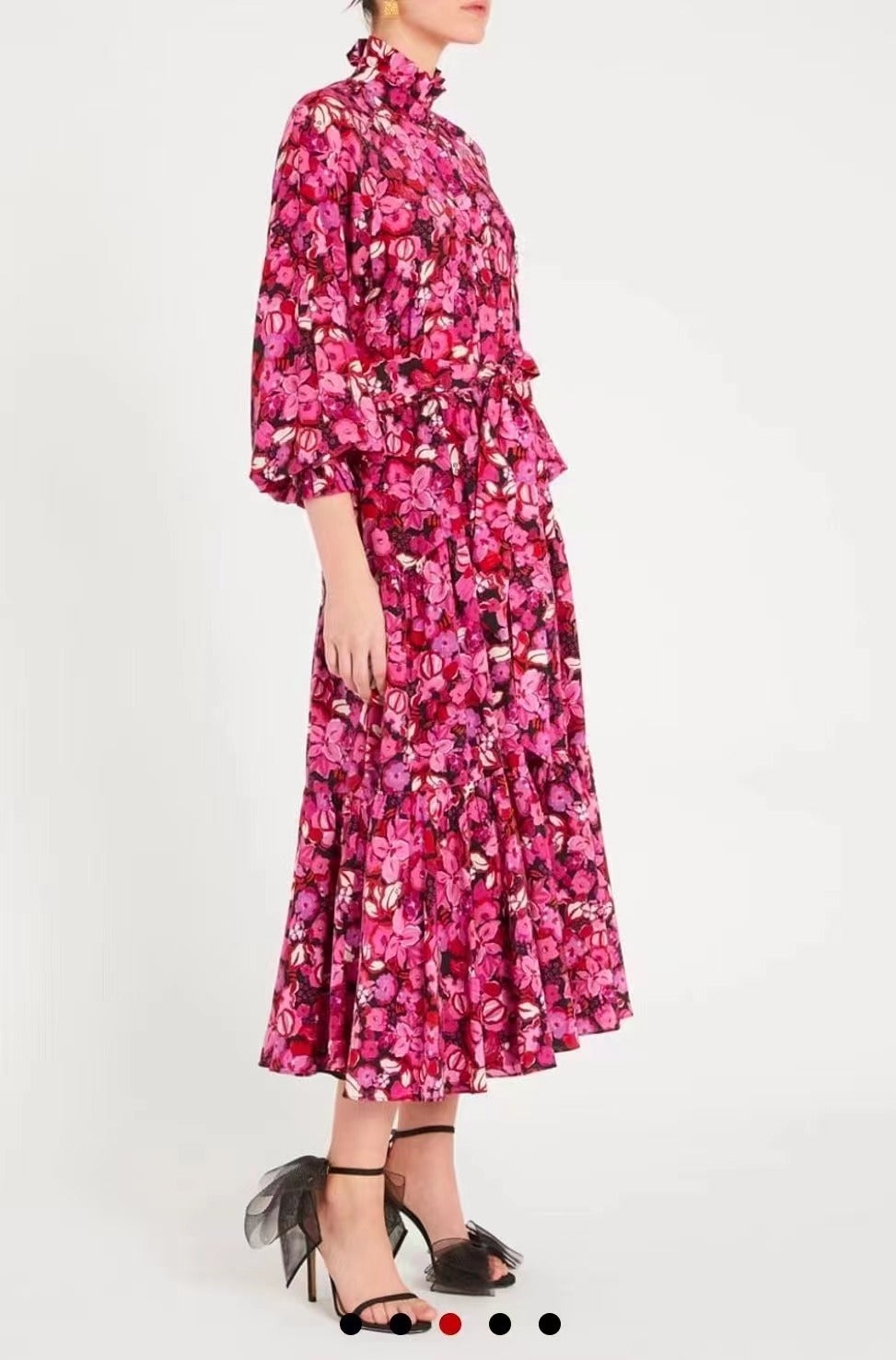 Women Spring Summer Fall Stand Collar Printed Elegant Ruffle Beletd Tiered Maxi Dress