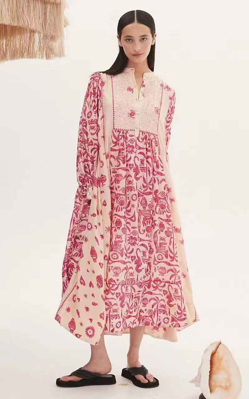 Vestido largo elegante con cinturón y estampado de primavera y otoño para mujer