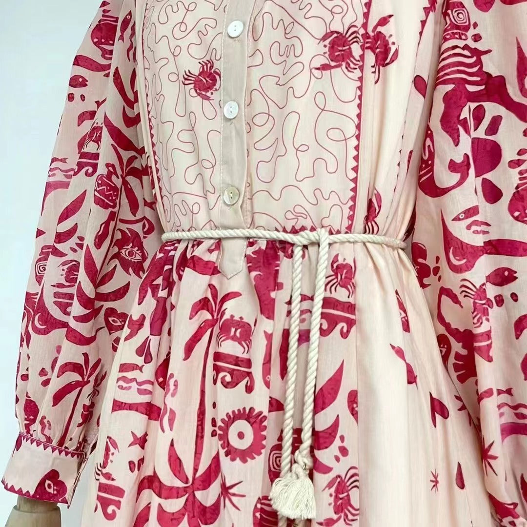 Vestido largo elegante con cinturón y estampado de primavera y otoño para mujer