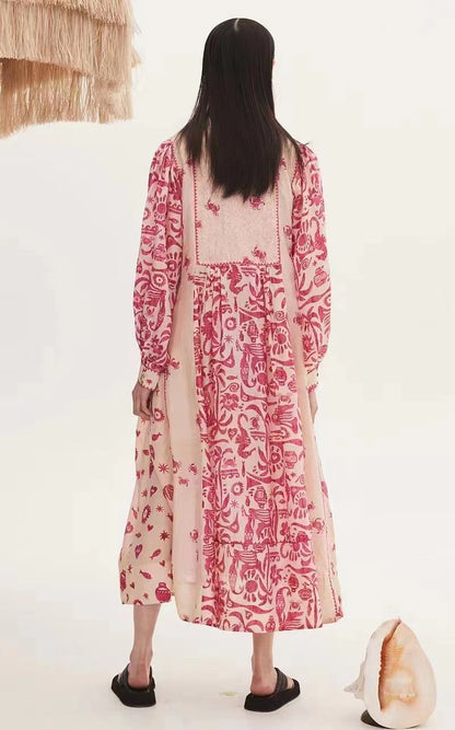 Women Spring Fall Printed Belted Elegant A Line Dress Maxi Dress