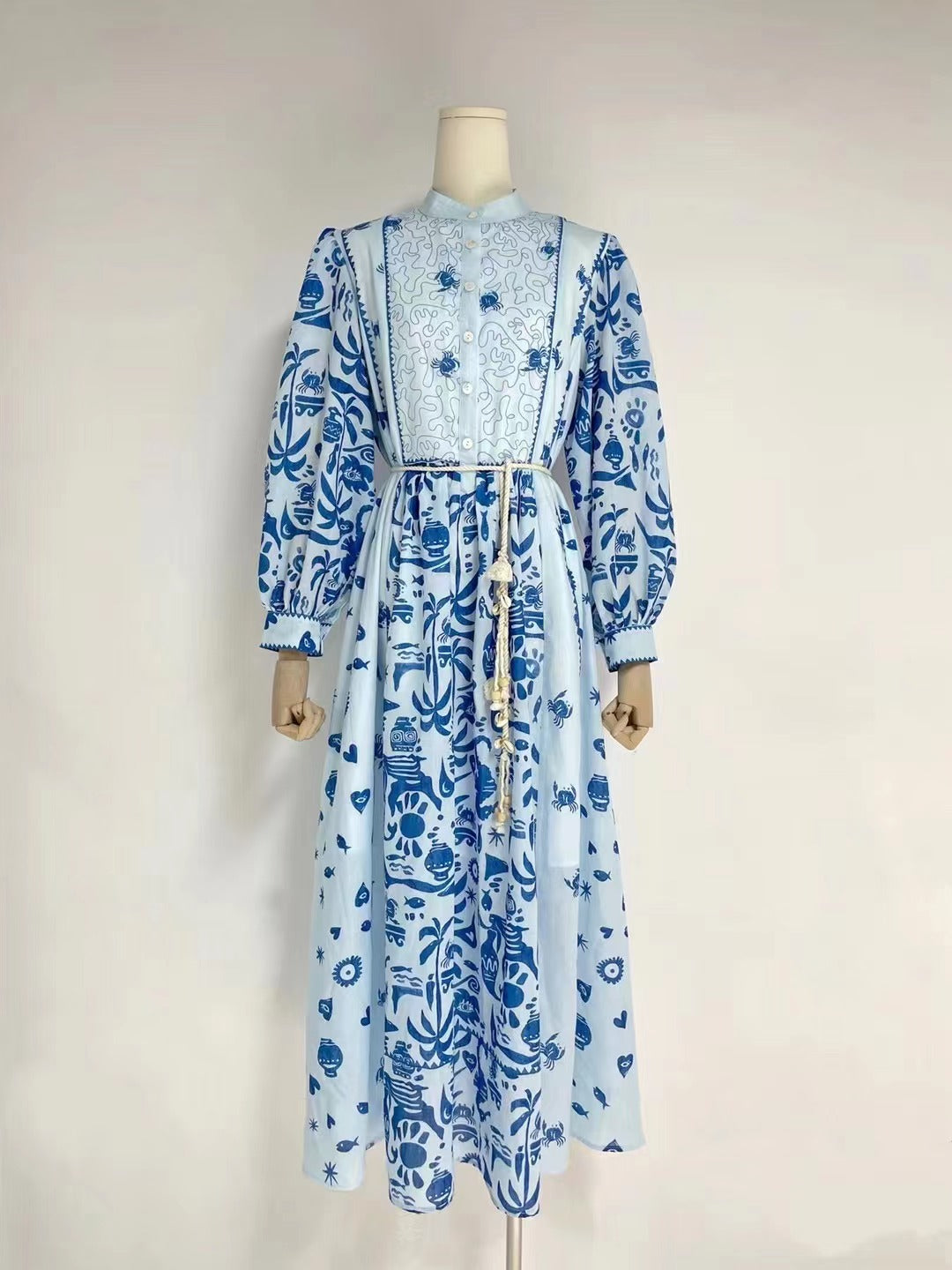 Women Spring Fall Printed Belted Elegant A Line Dress Maxi Dress