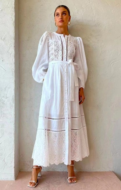 Women Spring Fall Solid Stand Collar Belted Embroidery Elegant Office A Line Dress Maxi Dress