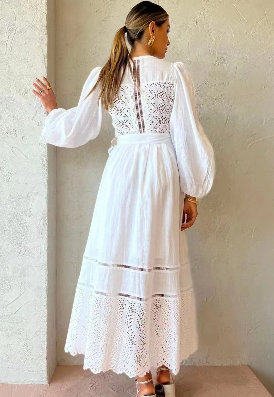 Women Spring Fall Solid Stand Collar Belted Embroidery Elegant Office A Line Dress Maxi Dress