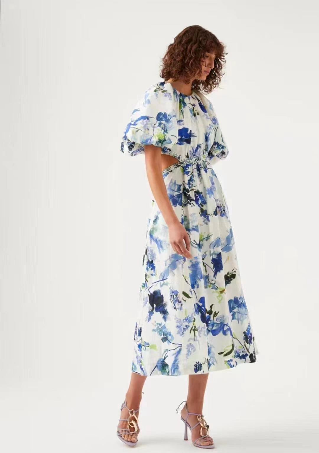 Robe longue élégante d'été à imprimé uni pour femme avec col ras du cou