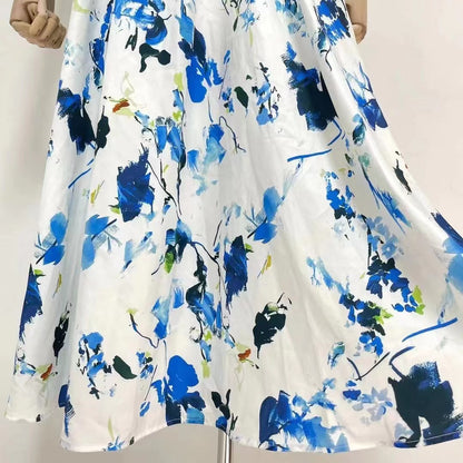 Vestido largo elegante con cuello redondo y aberturas con estampado liso de verano para mujer