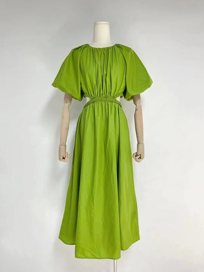 Robe longue élégante d'été à imprimé uni pour femme avec col ras du cou