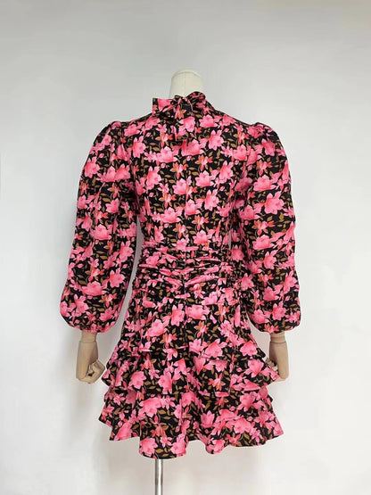 Robe à volants à volants pour femme, tenue de soirée, de printemps, d'automne, avec découpes, en dentelle, motif floral, à volants, manches lanternes, rose 3D