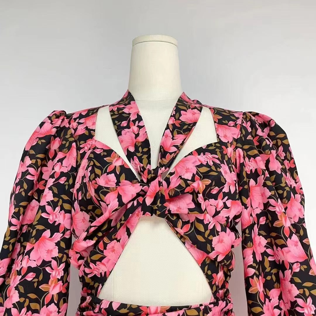 Robe à volants à volants pour femme, tenue de soirée, de printemps, d'automne, avec découpes, en dentelle, motif floral, à volants, manches lanternes, rose 3D