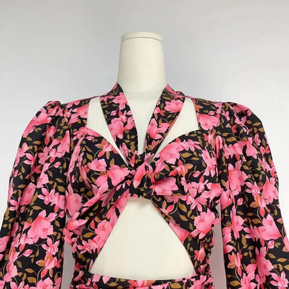 Robe à volants à volants pour femme, tenue de soirée, de printemps, d'automne, avec découpes, en dentelle, motif floral, à volants, manches lanternes, rose 3D