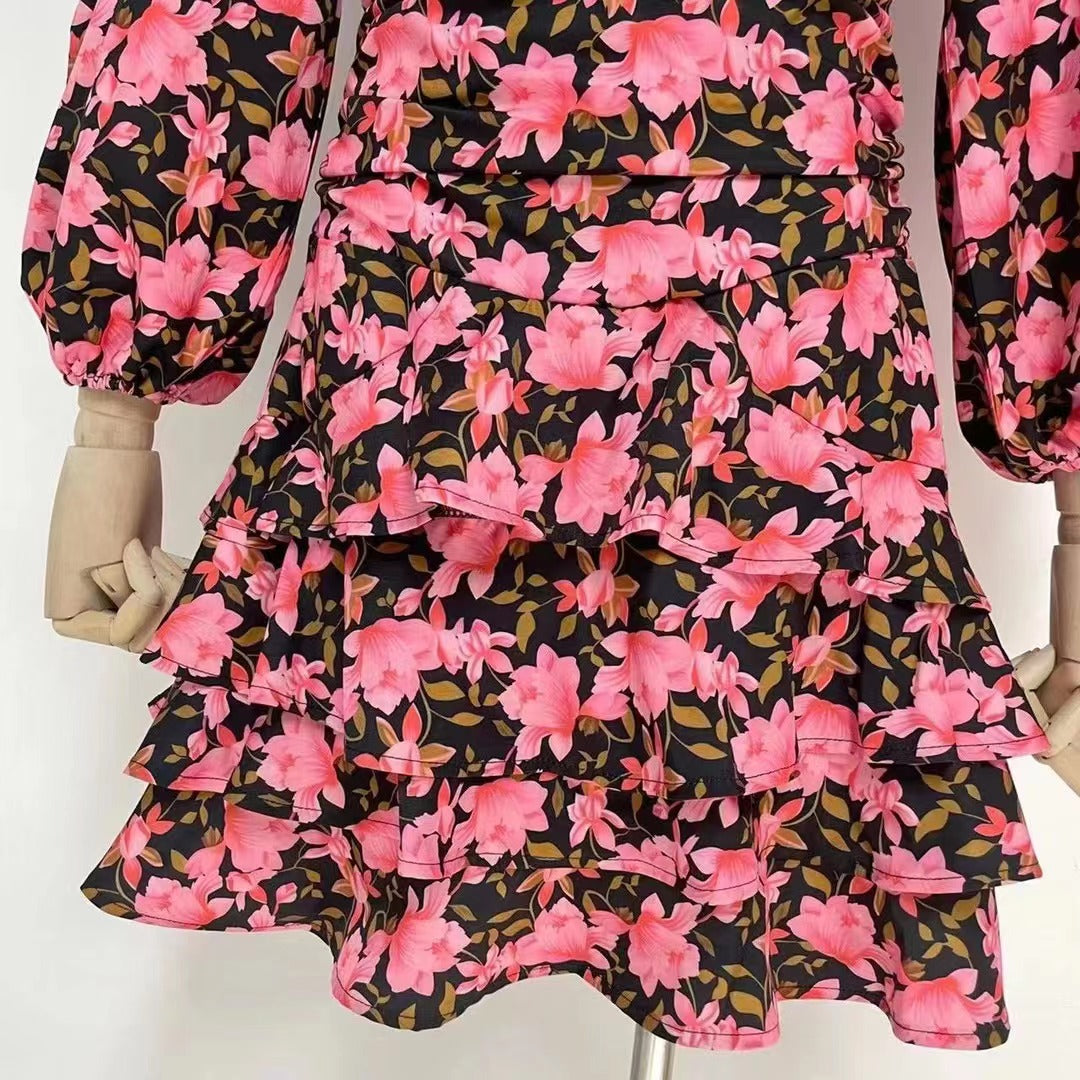 Robe à volants à volants pour femme, tenue de soirée, de printemps, d'automne, avec découpes, en dentelle, motif floral, à volants, manches lanternes, rose 3D