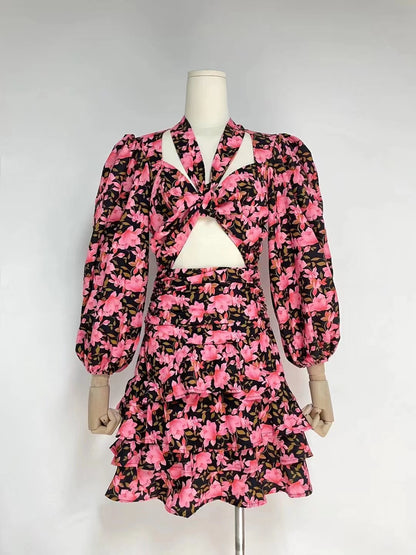 Robe à volants à volants pour femme, tenue de soirée, de printemps, d'automne, avec découpes, en dentelle, motif floral, à volants, manches lanternes, rose 3D