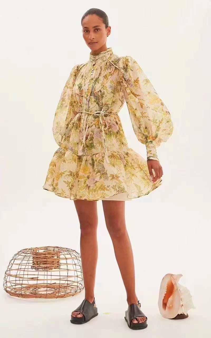 Women Spring Fall Vacation Floral Belted Lantern Sleeve Stand Collar Elegant Shirt Dress Short Dress