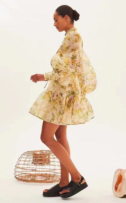 Women Spring Fall Vacation Floral Belted Lantern Sleeve Stand Collar Elegant Shirt Dress Short Dress