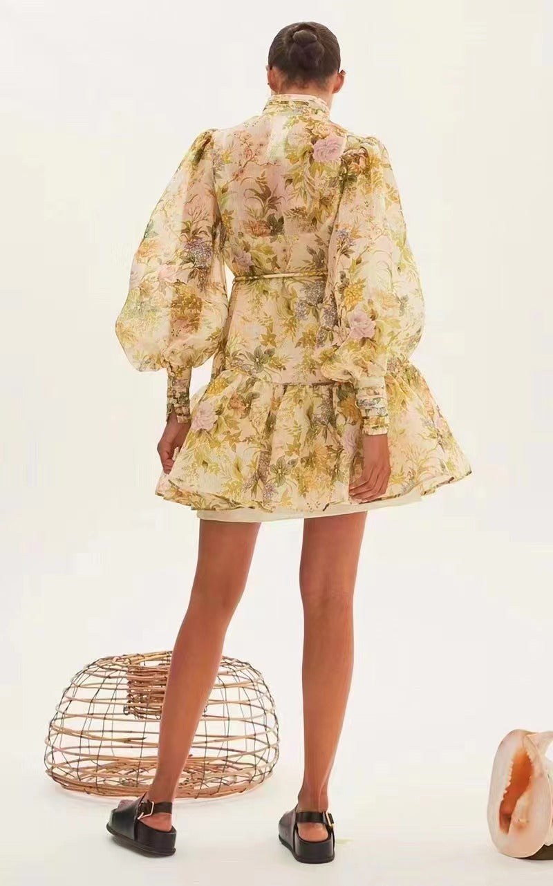 Robe chemise élégante à manches lanternes et ceinture pour femme, tenue courte à fleurs, printemps-automne, vacances