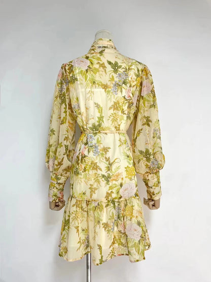 Robe chemise élégante à manches lanternes et ceinture pour femme, tenue courte à fleurs, printemps-automne, vacances